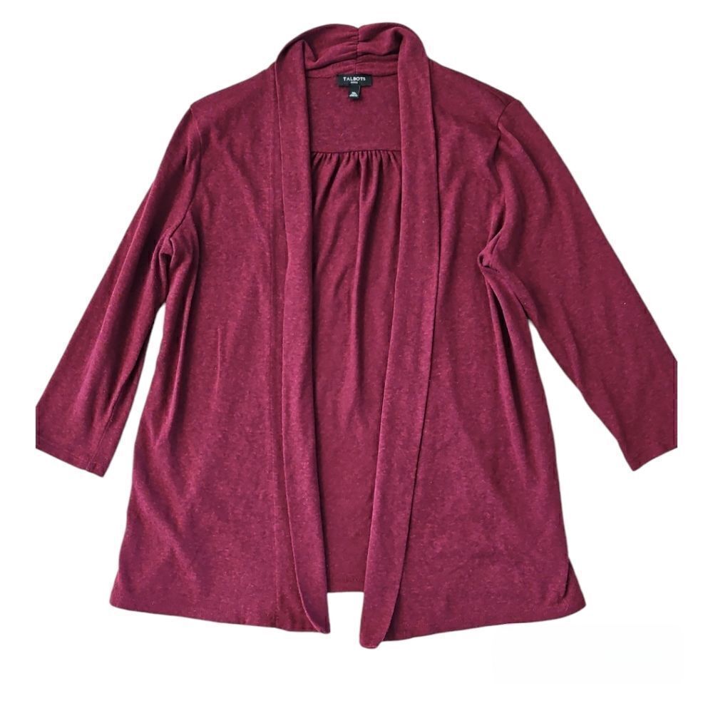 Talbots Women's Petite 3/4 Sleeve Open Cardigan Sweater Burgundy M